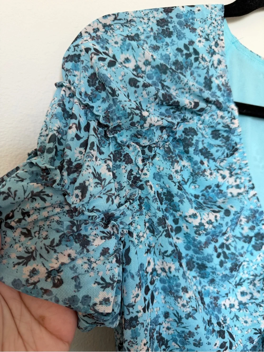 Anthropologie Teal Floral Ruched Mesh Top XL - Picture 4 of 7